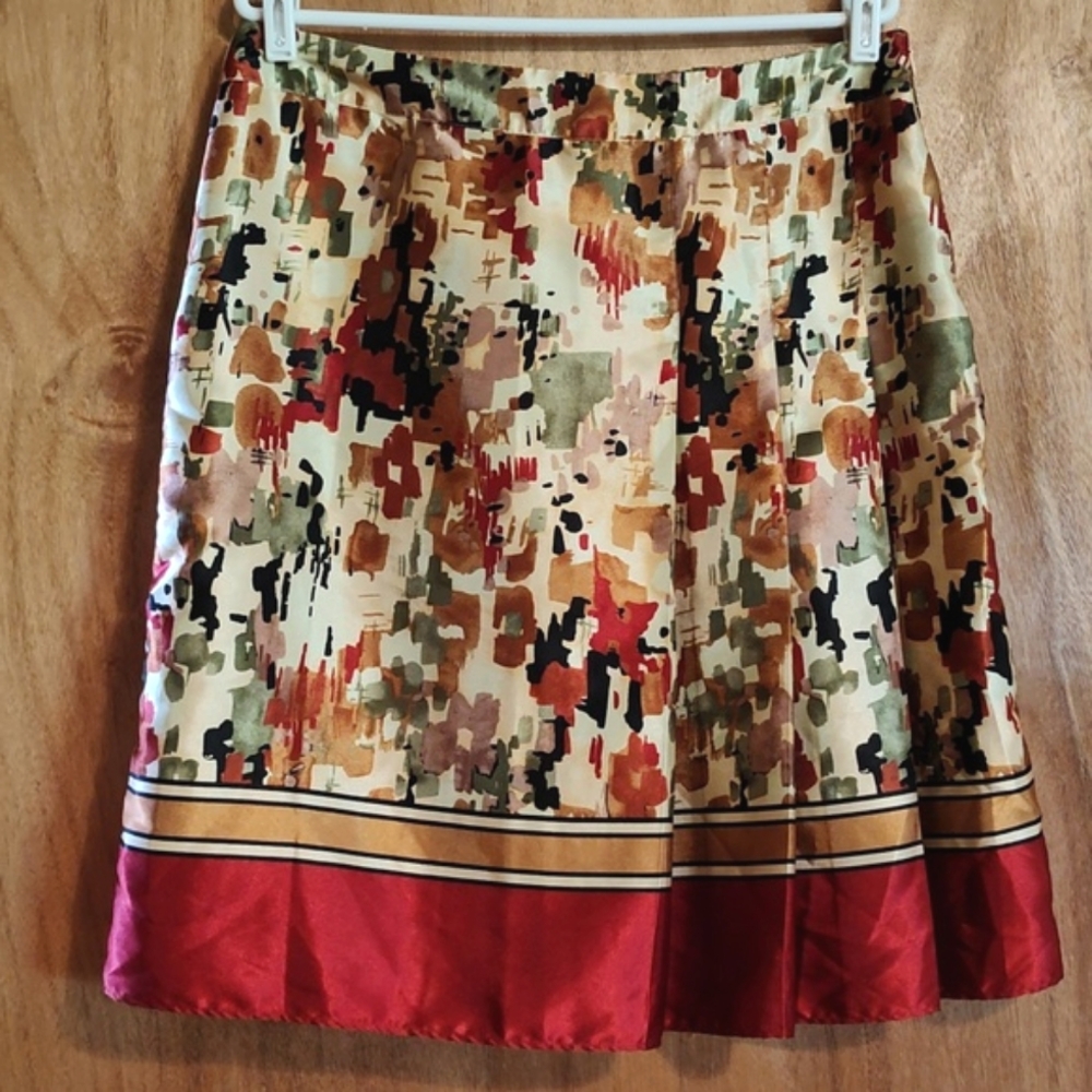 Pierre Cardin Jewel Tone Satin Pleated Skirt Red Gold Abstract Watercolor 12